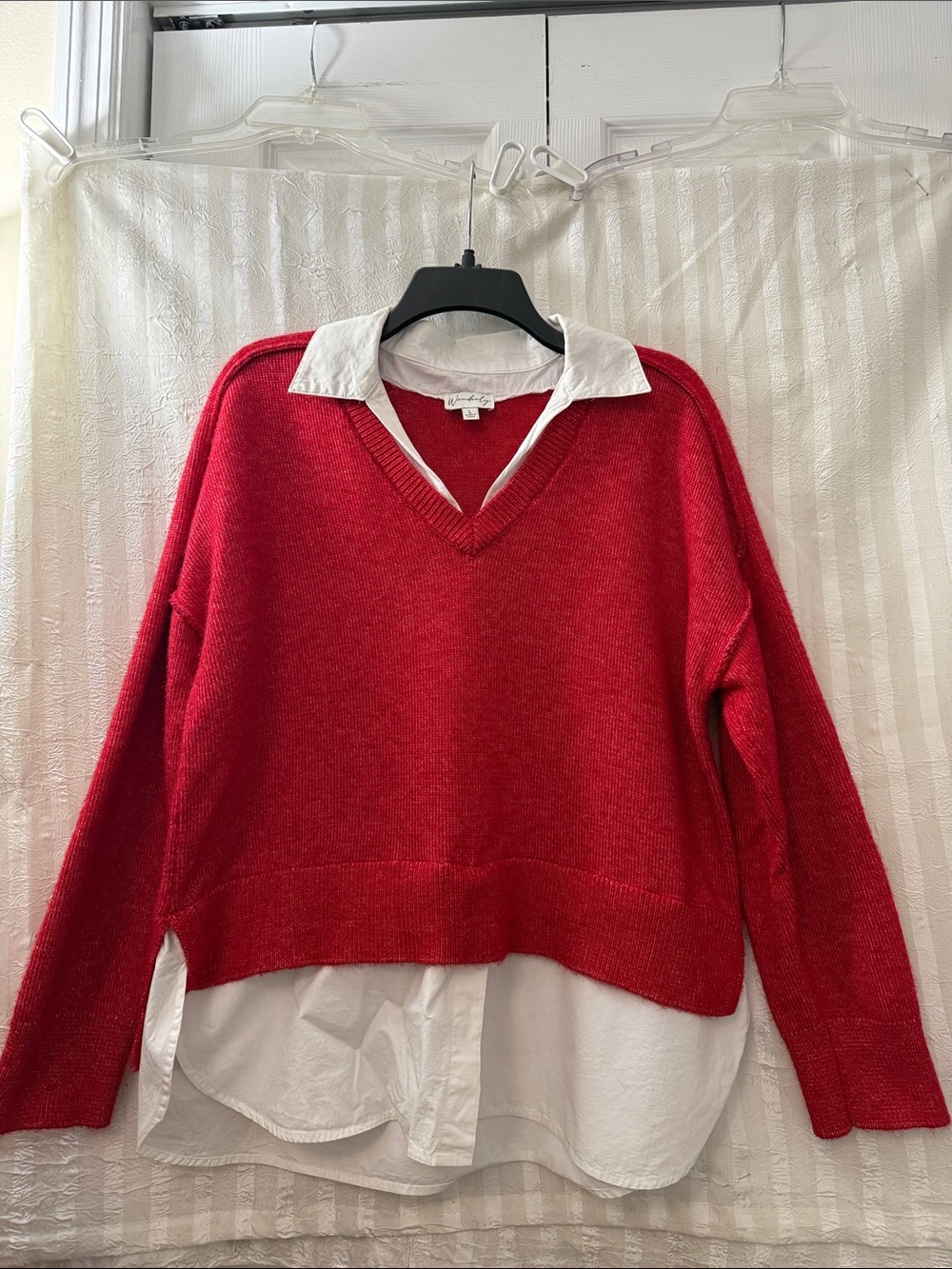 Wonderly Red V-Neck Layered Sweater with White Shirt Hem, Size Large